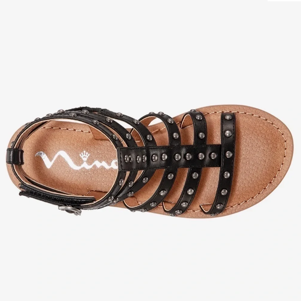 New Nina Kids Girl’s Edie Studded Gladiator Sandal in Black Smooth Sz 6